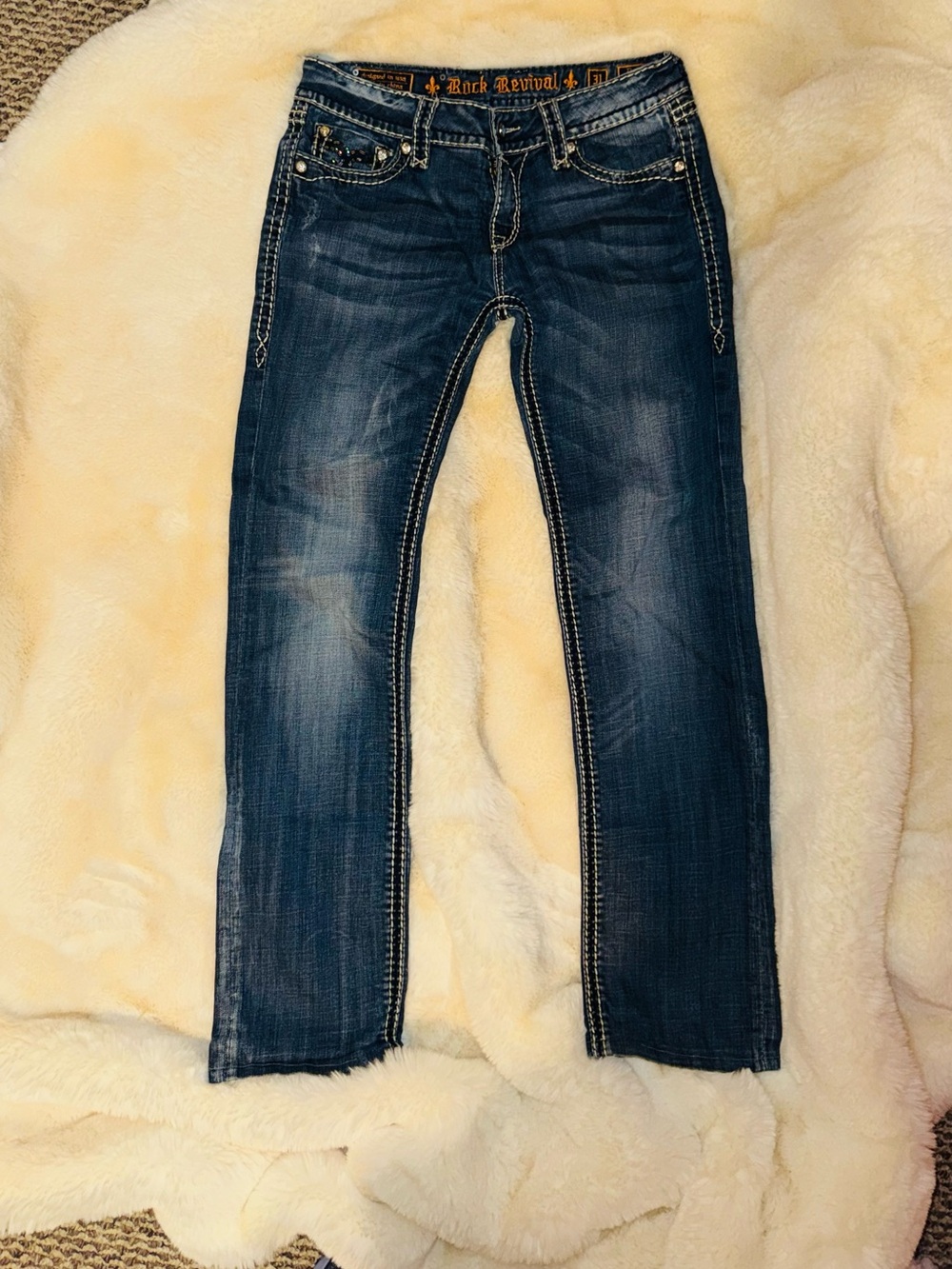 Rock Revival Women’s Dark Blue Straight Leg Jeans with Contrast Stitching